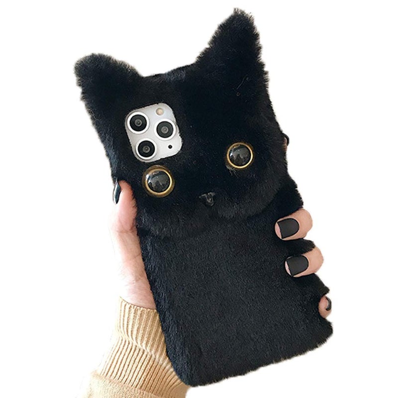 SGVAHY Furry Case for iPhone 11 Pro Max Cute Cat Black Fur Fluffy Soft Warm Plush Fuzzy with Bling Glitter Protective Case for Women Girls - Image 1